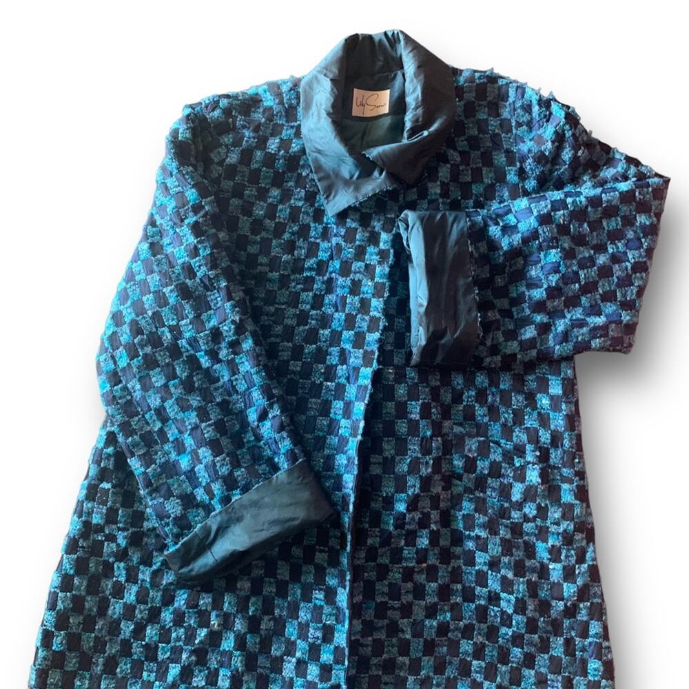 RARE Designer Lily Samii | Blue Checkered Jacket Silk blend jacquard brocade